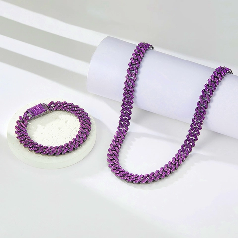 Cuban Link Necklace Iced Out Purple Rhinestone Alloy Hip Hop Jewelry Fashion Luxury Chain For Men Women