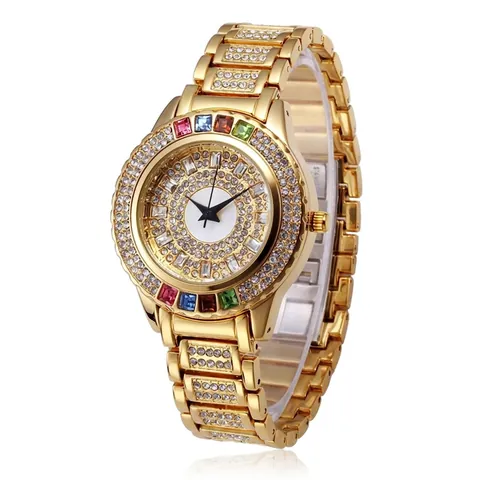 Reloj Lujo Cuarzo Mujer Diamantes Imitación Aleación Correa Impermeable Elegante Bisel Piedras Preciosas Color