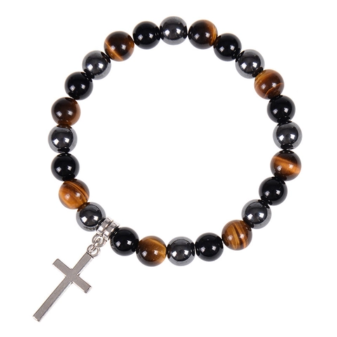 Bracciale Perline Occhio Di Tigre Ossidiana Ematite Retrò Con Pendente A Croce Metallo Magnetico Pietra Naturale Elastico Regalo