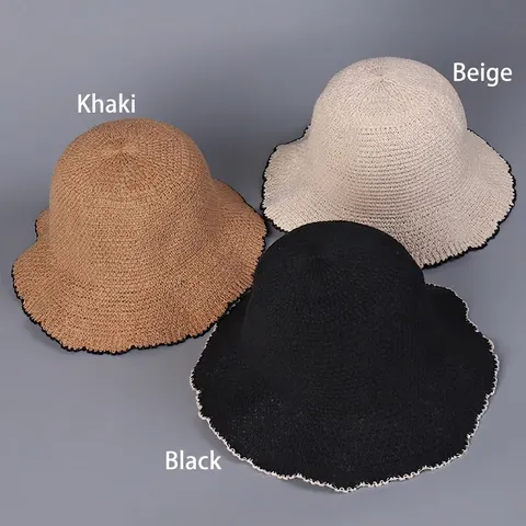 Womens Knit Bucket Hat Cotton Polyester Wavy Edge Contrasting Trim Breathable Sun Protection Foldable Summer Elegant Fisherman Cap