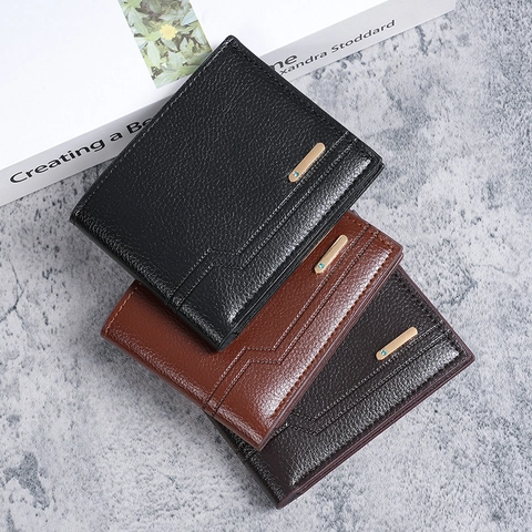 Cartera Corta Para Hombre Cuero PU Textura Litchi Gran Capacidad Ranuras Para Múltiples Tarjetas Estilo Negocios Casual