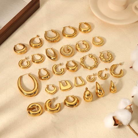 Stainless Steel Hoop Earrings 18K Gold Plated Hollow C-Shaped Waterdrop Geometric Fashion Jewelry For Women