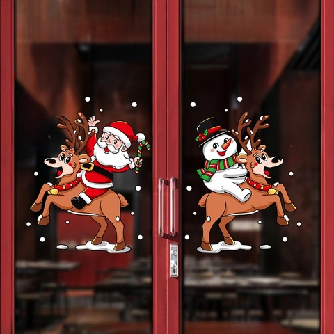 Christmas Window Clings Static Stickers PVC Double Sided Santa Reindeer Snowman Cartoon 2025 New Year Holiday Decoration