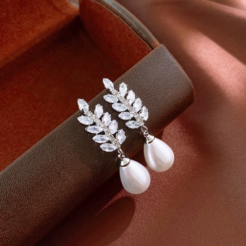 Elegante Weizenähren Blatt Zirkon Tropfenohrringe Mit Künstliche Perlenimitat Und Silber Ohrstecker Luxusschmuck Für Damen