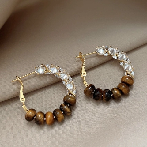 Tiger's Eye Creolen Met Zirkonia En 925 Sterling Zilveren Oorsteker Verguld Retro Sieraden Voor Dames