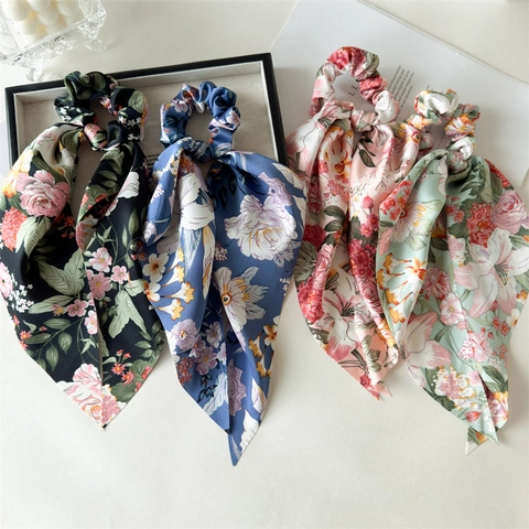 Floral Print Satin Ribbon Scrunchies Long Scarf Tail Elastic Hair Ties Elegant Bow Streamers For Women Ponytail Holder