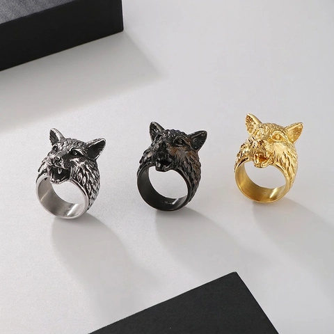 Anello Testa di Lupo in Acciaio Inossidabile Retro per Uomo Viking Punk Animale Intagliato Statement Band Ring Gothic Moto Party Gioielli