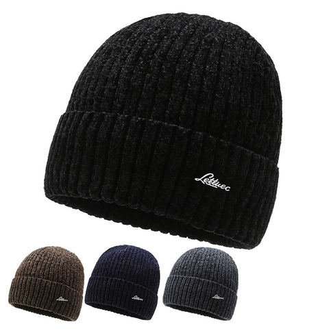 Men Knitted Beanie Hat Winter Warm Chenille Polyester Ribbed Knit Outdoor Skiing Sports Fashion Letter Embroidery Cuff Beanie