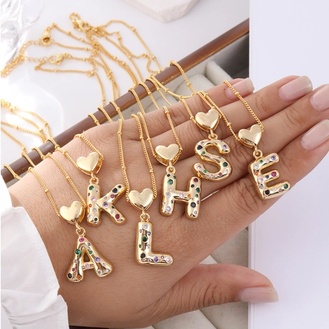 Copper Colorful Zirconia Initial Letter Pendant Necklace With Heart Clasp Gold Plated Alphabet Necklace For Women
