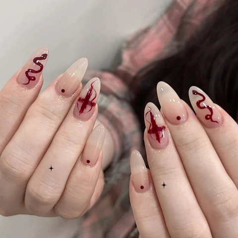 Almond Shape Press On Nails Dark Red Snake Print Gothic Cross Pattern Nude Pink Gradient Punk Y2K Style For Women