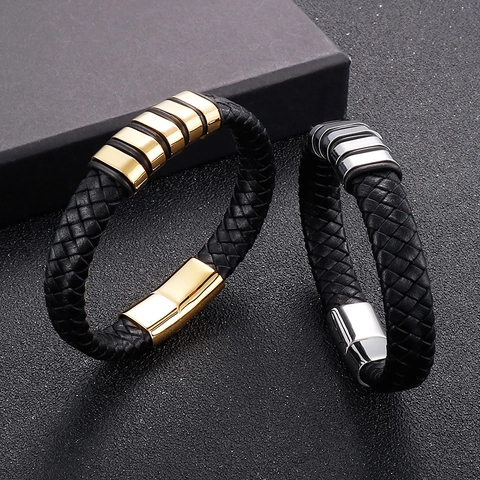 Bracciale Da Uomo In Vera Pelle Intrecciata Con Chiusura Magnetica In Acciaio Inossidabile Stile Punk