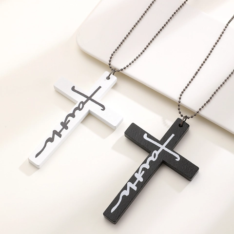 Retro Gothic Wood Cross Pendant Necklace With Faith Lettering For Men Women Vintage Halloween Dark Style Sweater Chain