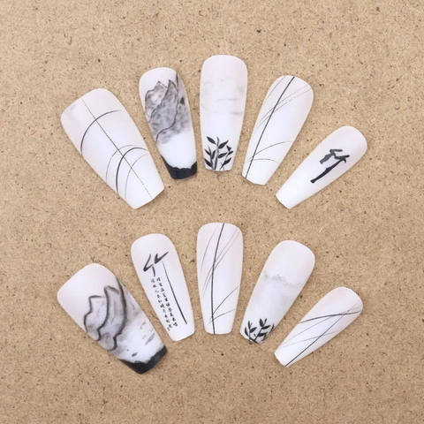 Uñas Postizas Hechas A Mano Estilo Chino Pintura De Tinta Bambú Mate Largas Forma De Ataúd
