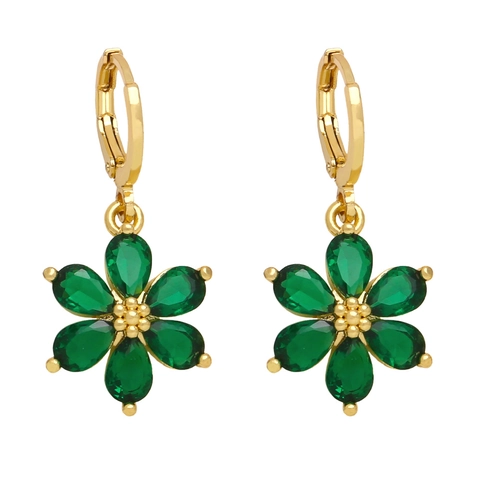Elegant Flower Drop Earrings With Colorful Cubic Zirconia 18K Gold Plated Copper Huggie Hoop For Women Fashion Jewelry