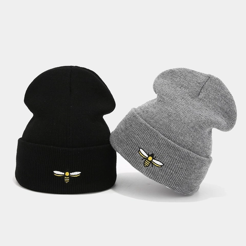 Strickmütze Beanie Mit Bienenstickerei Umschlag Rippstrick Acryl Winter Warm Totenkopfkappe Für Damen Herren Mode Lässig