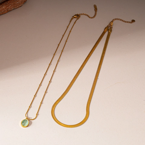 Collana Doppio Strato Acciaio Inossidabile Oro Catena Serpente Con Ciondolo Ovale Pietra Occhio Di Gato Verde Donna