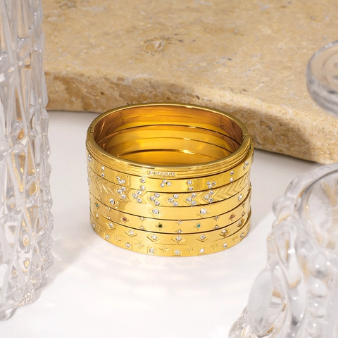 18K Gold Plated Stainless Steel Bangle Bracelet Zircon Inlaid Celestial Star Moon Waterproof Hypoallergenic Jewelry Women