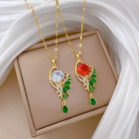 Peacock Pendant Necklace Gold Plated Titanium Steel Copper With Micro Inlaid Zircon Clavicle Chain For Women