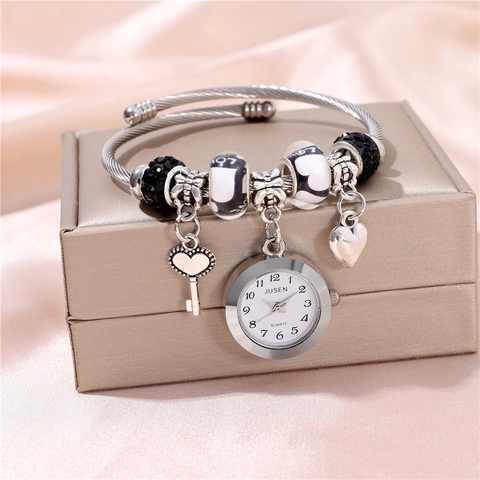 Elegant Alloy Silver Beaded Charm Bracelet Watch For Women Rhinestone Heart Key Pendant Quartz Watch Fashion Jewelry Gift