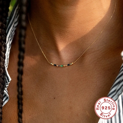 Zierliche S925 Sterling Silber Regenbogen Halskette 18K Vergoldet Bunte AAAAA Zirkonia Wassertropfen Anhänger Schlüsselbein Kette Für Damen Mode Schmuck