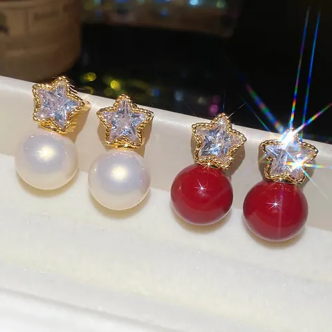 Orecchini A Lobo Con Stella E Perla Artificial Con Zircone Lega Placcata Oro E Perno In Argento Gioielli Eleganti Vintage Francesi