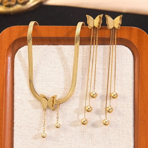 Stainless Steel Butterfly Tassel Necklace And Earrings Jewelry For Women Vintage Elegant Aesthetic Snake Chain
