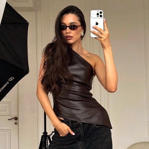 Débardeur Sexy à Une Épaule pour Femmes en Polyester Couleur Unie Sans Manches Ourlet Asymétrique T-Shirt Streetwear Casual Top