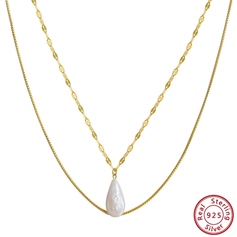 Collana a Doppio Strato in Argento Sterling 925 Perla d'Acqua Dolce Placcata Oro 14K Pendente a Goccia Gioielli Minimalisti Donna Matrimonio