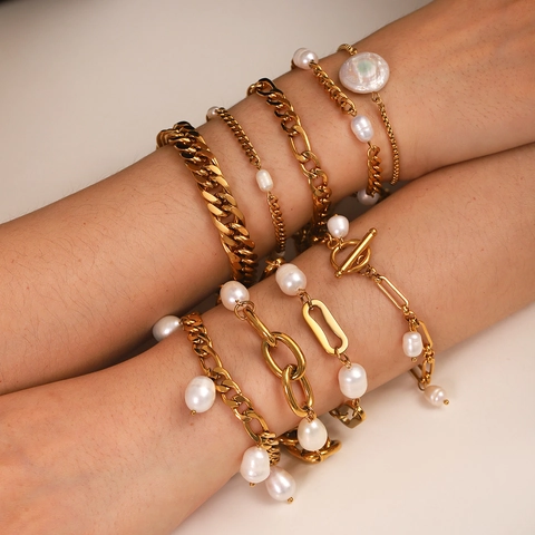 Bracelet en Acier Inoxydable avec Perles d'Eau Douce pour Femmes Plaqué Or PVD Mailles Cubaines Trombone Bijoux Cadeau