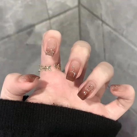 Amber Gradient Press On Nails Resin Silver Glitter Star Square Round Elegant Luxury False Nails Women