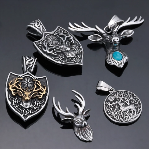 Norse Viking Deer Head Pendant Necklace Stainless Steel Antique Shield Elk Forest Animal Jewelry For Men Retro Style