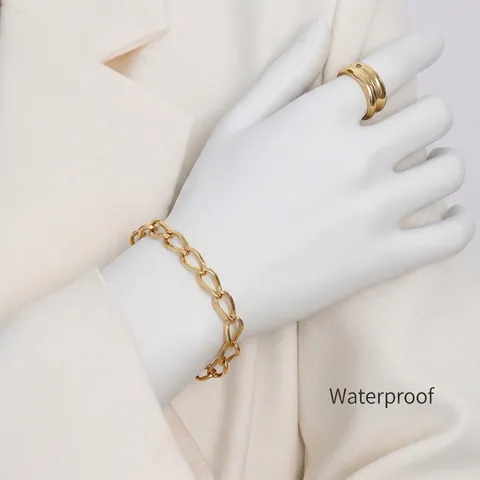 Grobkettiges Armband Titanstahl 18K Vergoldet Geometrisch Flach Oval Glied Minimalistisch Schmuck Geschenk