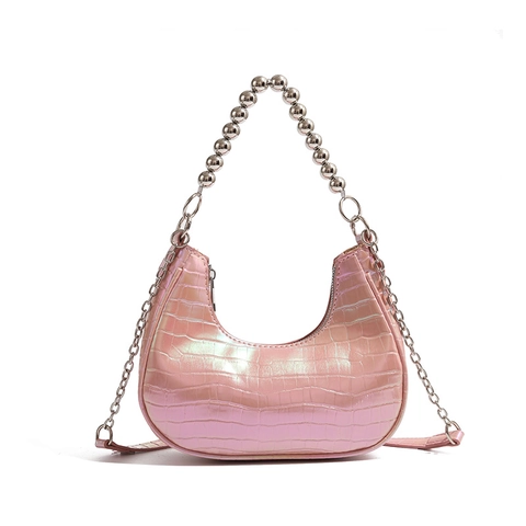 Damen Umhängetasche PU Krokodilmuster Perlmutt Laser Silberne Künstliche Perlengriff Halbmond Hobo Elegant