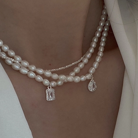 Dubbellaagse Zoetwaterparelketting Met Zirkonia Waterdruppel Hanger Franse Vintage Sleutelbeenketting Voor Dames