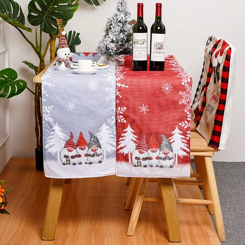 Christmas Table Runner Cartoon Gnomes Snowflake Red Gray Forest Man Pattern Holiday Hotel Restaurant Home Decor Table Cloth