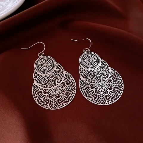 Vintage Hollow Floral Mandala Drop Earrings Ethnic Style Copper Jewelry With 925 Sterling Silver Earring Post For Women