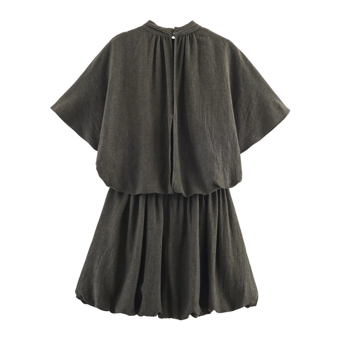 Women Elegant Mini Balloon Dress Short Sleeves Round Neck Pleated Solid Acetate Satin Fashionable Casual Summer Chic