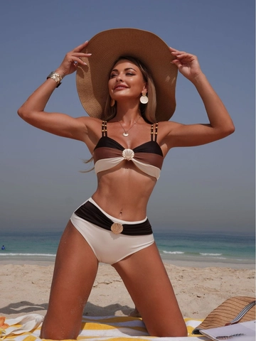 Haut De Bikini Et Bas Taille Haute Pour Femmes Maillot De Bain Bloc De Couleur Avec Coquillage Métallique Et Perles Dorées