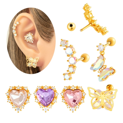 Titanium Stahl Zirkon Herz Schmetterling Ohrknochen Nägel Französisch Vintage Europäische Piercing Schmuck Für Frauen