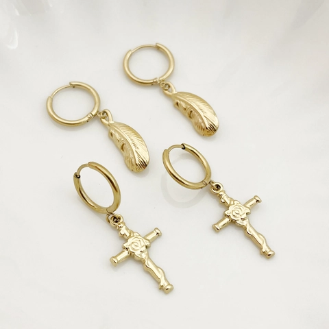 Edelstahl Hoop Dangle Ohrringe Vergoldet Flugzeug Feder Kreuz Rose Charm Eleganter Schmuck Für Frauen