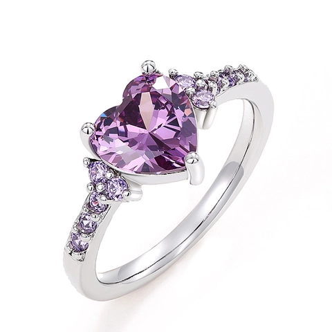 Heart Shaped Copper Ring Elegant Cubic Zirconia Engagement Jewelry For Women Romantic Wedding Gift Purple White Blue Green