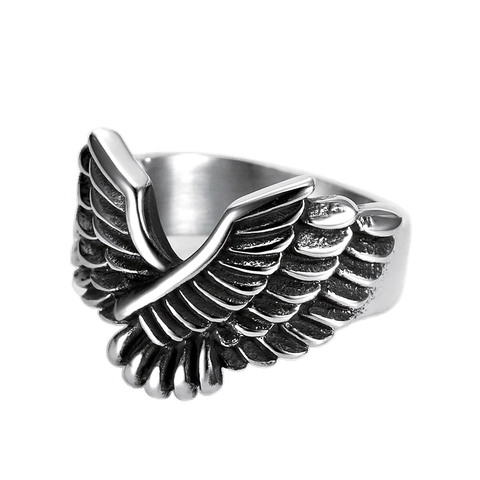 Retro Flying Eagle Wing Feather Ring Stainless Steel Biker Punk Gothic Statement Jewelry For Men Boys Cool Gift