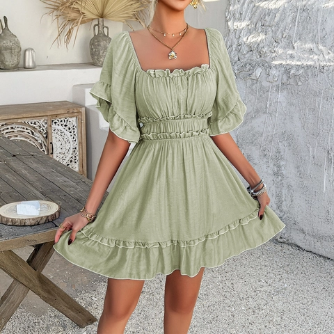 Square Neck Puff Sleeve Ruffle Mini Dress Viscose Polyamide High Waist A-Line Vacation Summer Sweet For Women