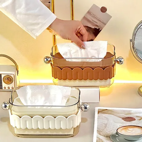 Boîte À Mouchoirs De Luxe Transparent Plastique PET Avec Design Ondulé Poignées En Métal Pour Salon Salle De Bain Bureau Décor