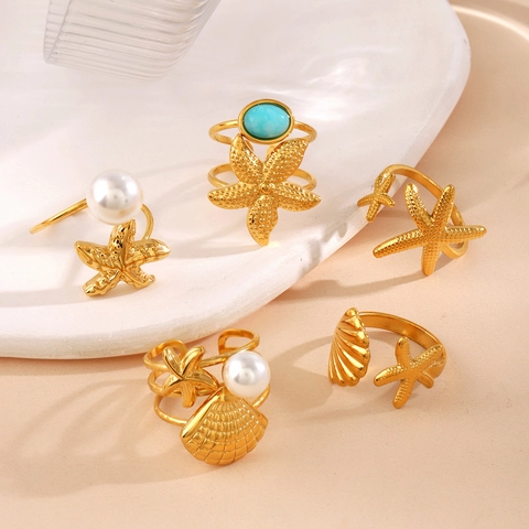 Starfish Seashell Adjustable Open Rings Stainless Steel Faux Artificial Pearl Turquoise Ocean Summer Beach Vacation Fashion Jewelry For Women