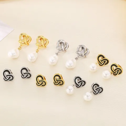 Pendientes De Acero Inoxidable Con Nudo De Corazón Con Perla Barroca Artificial Y Esmalte Negro Estilo Palacio Retro Para Mujer