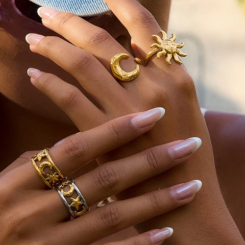 Roestvrij Stalen Zon Maan Ster Open Ringen Voor Dames Celestial Bohemian Verstelbare Vinger Sieraden Goud Zilver Tweekleurig