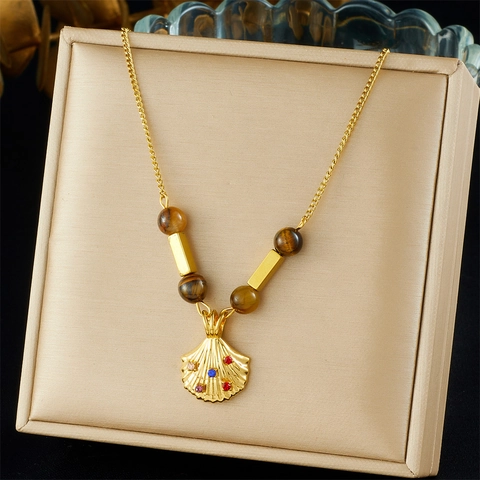 Stainless Steel Shell Pendant Necklace Retro French Gold Plated Tiger Eye Stone Beads Colorful Rhinestone Jewelry For Women