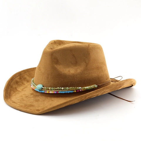 Cappello Da Cowboy Western Scamosciato Etnico Boho Perline Cordino Pelle Tesa Larga Vintage Outdoor Unisex