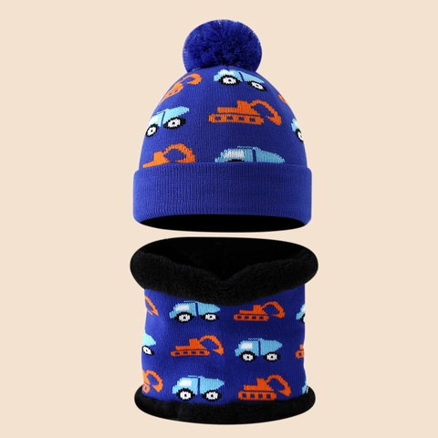 Set Cappello E Sciarpa In Maglia Per Bambini Inverno Caldo Foderato In Pile Escavatore Jacquard Pompon Per Ragazzi